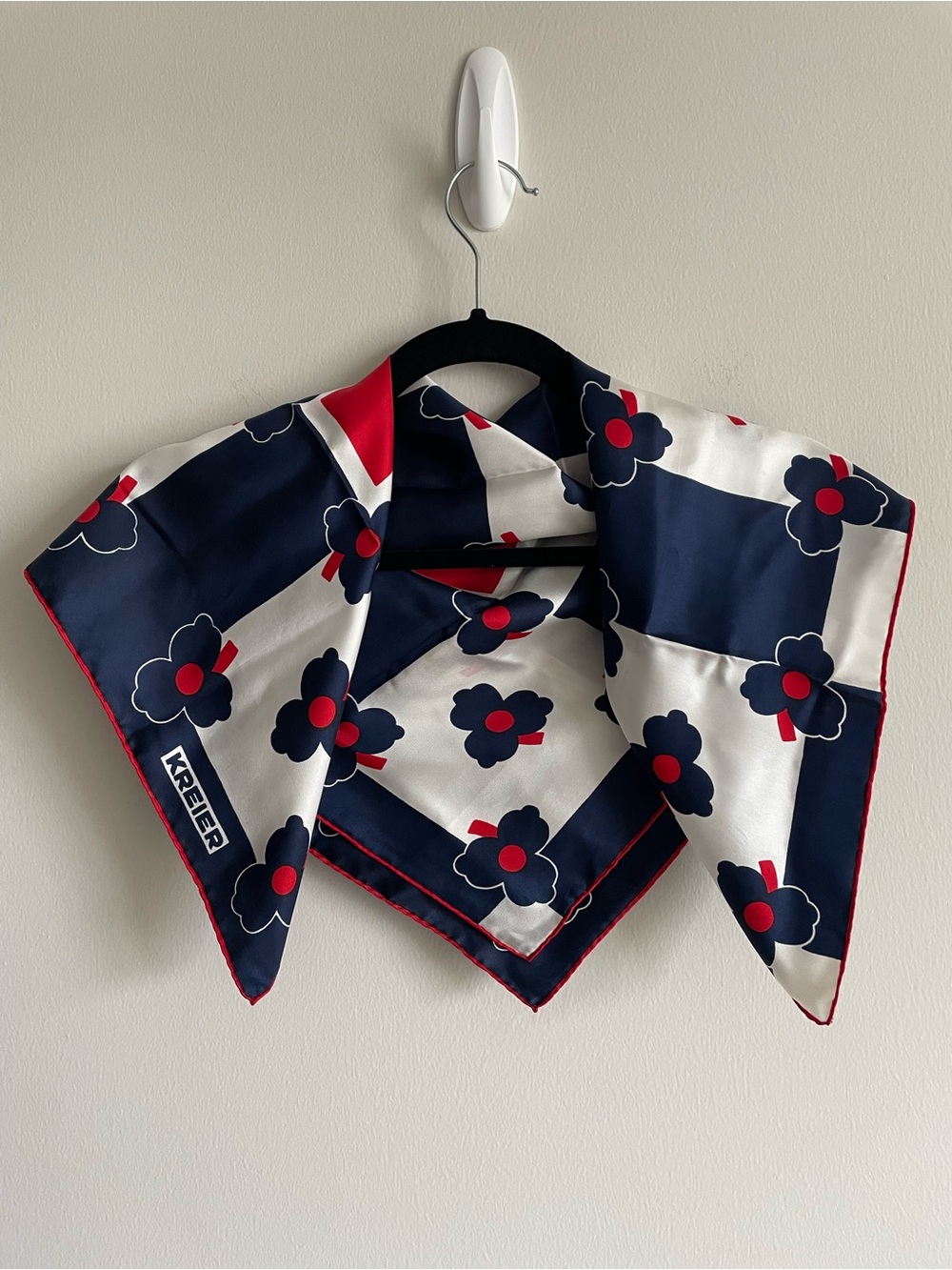 Vintage Kreier silk scarf red white blue mod flower retro checkerboard